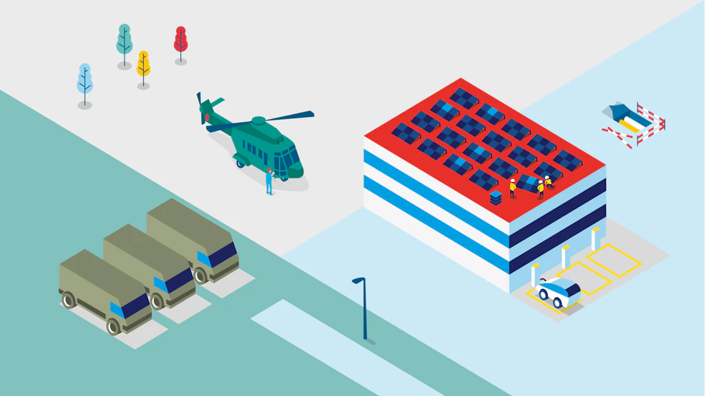 Illustration featuring federal administration buildings and military vehicles