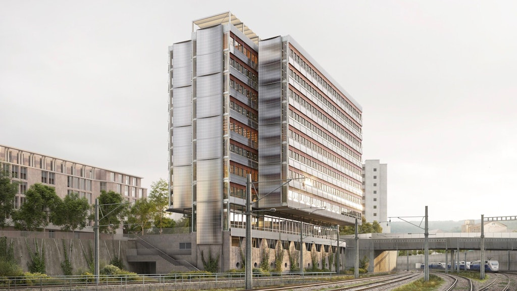 Vue en perspective de l’immeuble des CFF près du Regensbergbrücke depuis le nord.